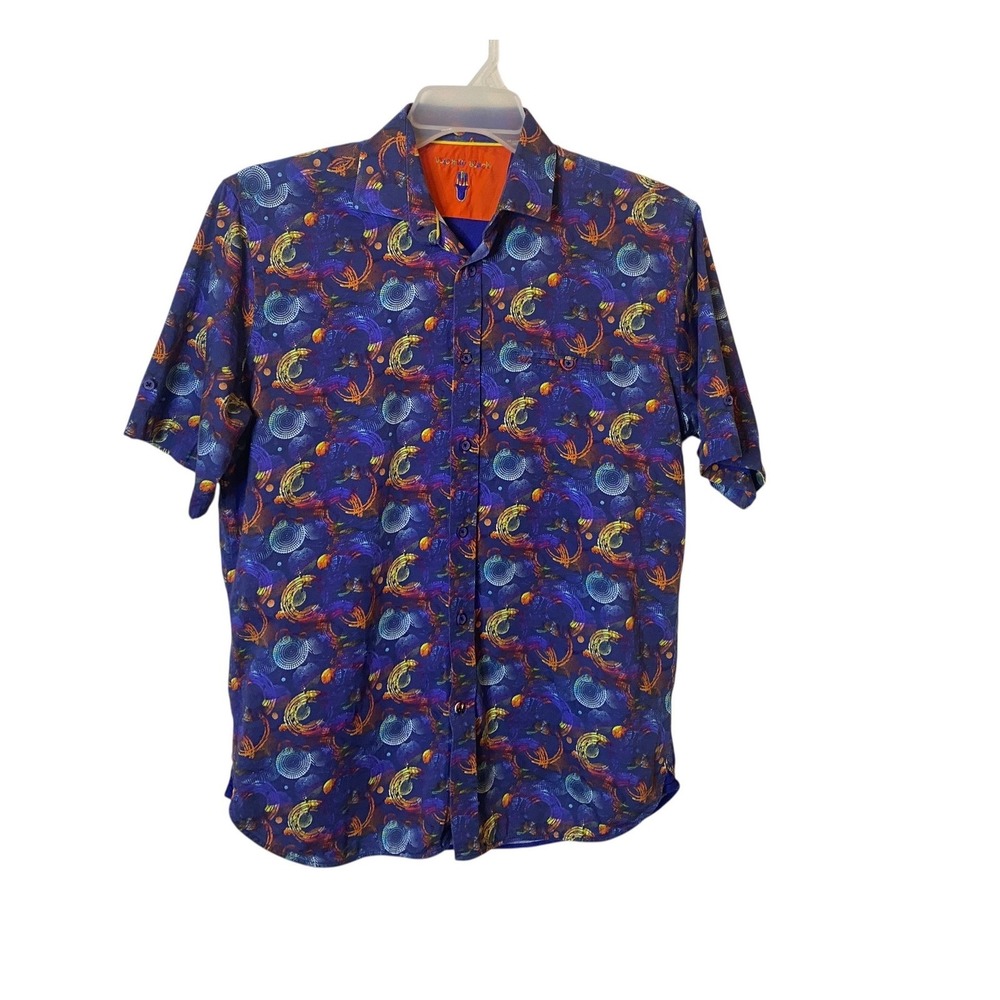 Visconti Black Mens Medium Multi Color Abstract Swirl Button Shirt Short Sleeve